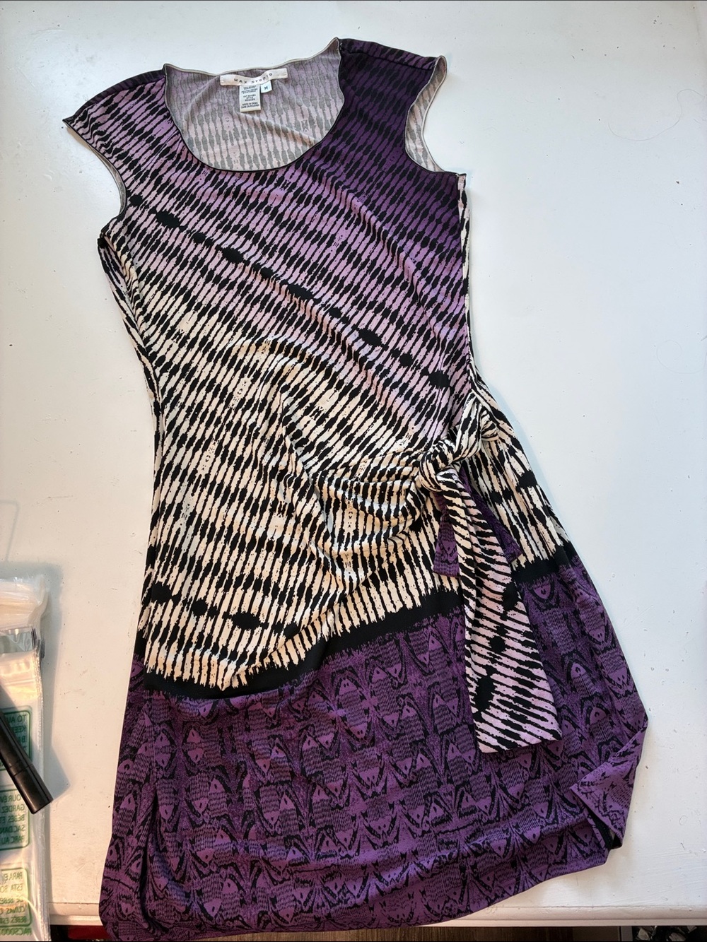 Max Studio Medium Purple Cap Sleeve Side Knot Patterned Pull On Dress